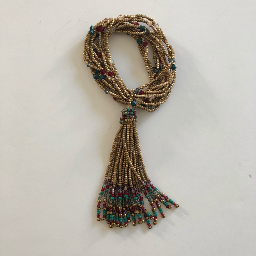 Gold Beaded Multi-Strand Tassel Stretch Bracelet - Picture 2 of 6